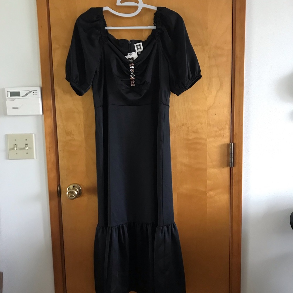 Black Puff-Sleeve Midi Dress with Jewel Accent